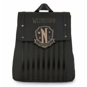 NWT Primark Wednesday Addams Black Striped Backpack Crest Logo & Faux Leather